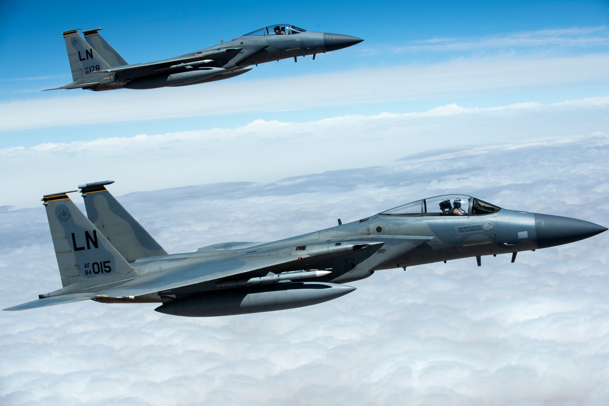 A formation of F-15C Eagles assigned to the 493rd Fighter Squadron flies over Morocco during Exercise African Lion April 20, 2018. Various units from the U.S. Armed Forces will conduct multilateral and stability operations training with units from the Royal Moroccan Armed Forces in the Kingdom of Morocco. This combined multilateral exercise is designed to improve interoperability and mutual understanding of each nation’s tactics, techniques and procedures while demonstrating the strong bond between the nation’s militaries. (U.S. Air Force photo/Senior Airman Malcolm Mayfield)
