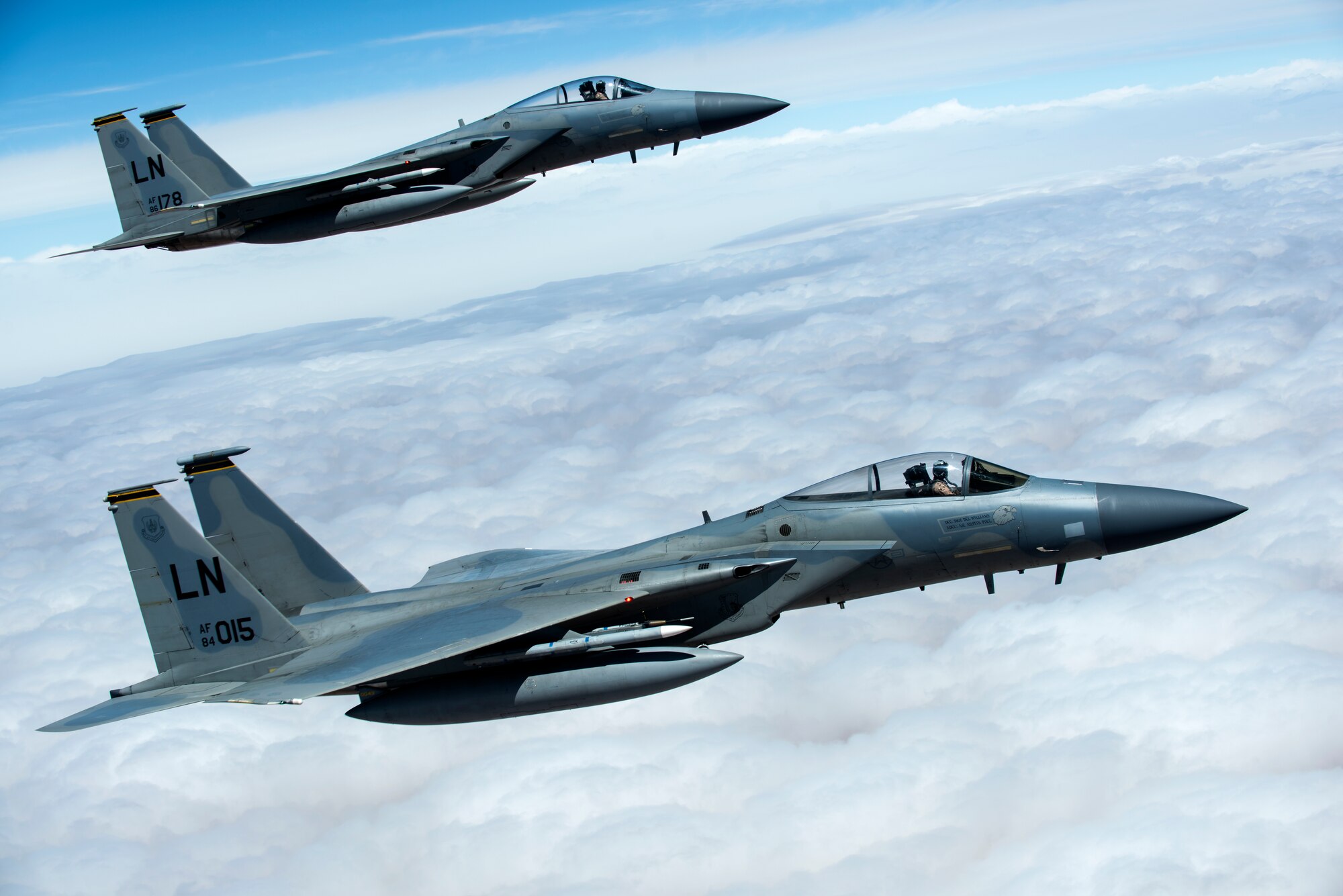 A formation of F-15C Eagles assigned to the 493rd Fighter Squadron flies over Morocco during Exercise African Lion April 20, 2018. Various units from the U.S. Armed Forces will conduct multilateral and stability operations training with units from the Royal Moroccan Armed Forces in the Kingdom of Morocco. This combined multilateral exercise is designed to improve interoperability and mutual understanding of each nation’s tactics, techniques and procedures while demonstrating the strong bond between the nation’s militaries. (U.S. Air Force photo/Senior Airman Malcolm Mayfield)