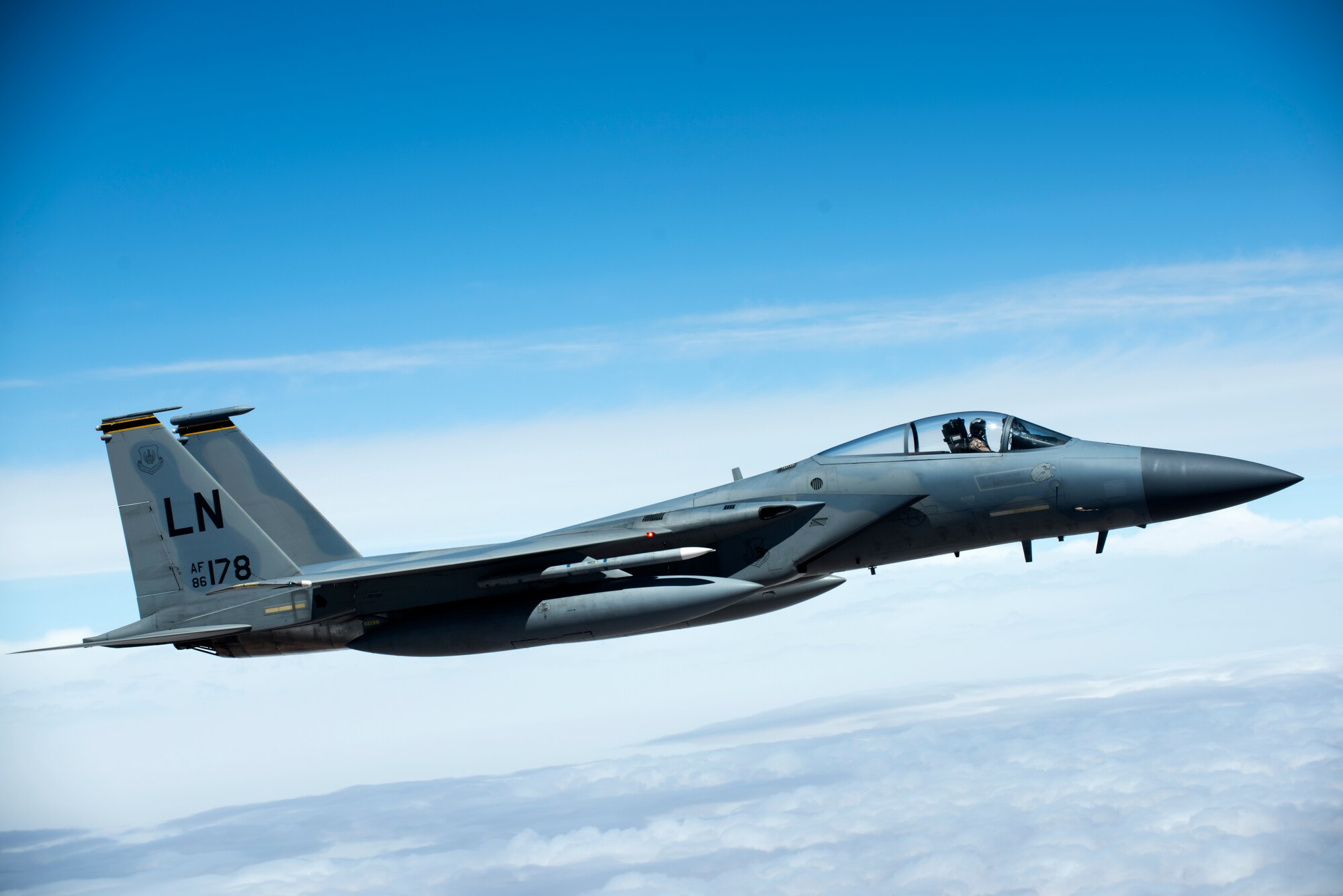 An F-15C Eagles assigned to the 493rd Fighter Squadron flies above Morocco during Exercise African Lion April 20, 2018. Various units from the U.S. Armed Forces will conduct multilateral and stability operations training with units from the Royal Moroccan Armed Forces in the Kingdom of Morocco. This combined multilateral exercise is designed to improve interoperability and mutual understanding of each nation’s tactics, techniques and procedures while demonstrating the strong bond between the nation’s militaries. (U.S. Air Force photo/Senior Airman Malcolm Mayfield)