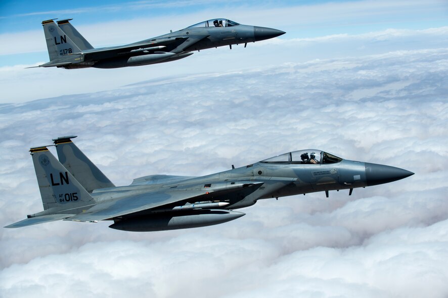 A formation of F-15C Eagles assigned to the 493rd Fighter Squadron flies over Morocco during Exercise African Lion April 20, 2018. Various units from the U.S. Armed Forces will conduct multilateral and stability operations training with units from the Royal Moroccan Armed Forces in the Kingdom of Morocco. This combined multilateral exercise is designed to improve interoperability and mutual understanding of each nation’s tactics, techniques and procedures while demonstrating the strong bond between the nation’s militaries. (U.S. Air Force photo/Senior Airman Malcolm Mayfield)
