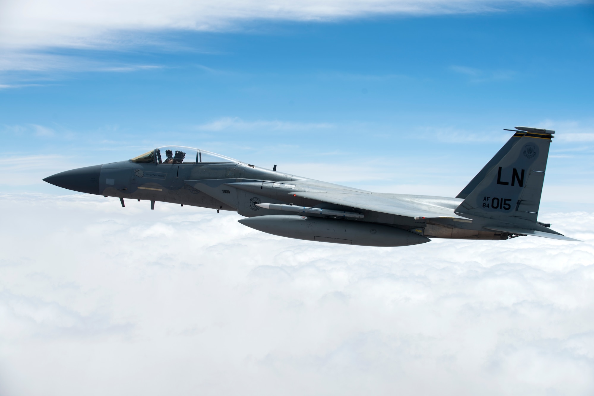 An F-15C Eagles assigned to the 493rd Fighter Squadron flies above Morocco during Exercise African Lion April 20, 2018. Various units from the U.S. Armed Forces will conduct multilateral and stability operations training with units from the Royal Moroccan Armed Forces in the Kingdom of Morocco. This combined multilateral exercise is designed to improve interoperability and mutual understanding of each nation’s tactics, techniques and procedures while demonstrating the strong bond between the nation’s militaries. (U.S. Air Force photo/Senior Airman Malcolm Mayfield)