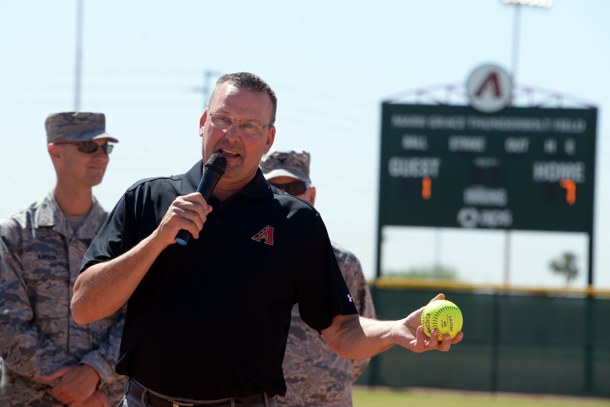 Mark Grace, former Arizona Diamondbacks first baseman, speaks with Thunderbolts during a ribbon cutting ceremony April 23, 2018, at Luke Air Force Base, Ariz. The Diamondbacks, together with Arizona Public Service, presented Luke AFB with a new scoreboard for field number three. (U.S. Air Force photo by Senior Airman Devante Williams)
