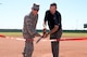 Col. Robert Sylvester, 56th Mission Support Group commander, and Mark Grace, former Arizona Diamondbacks first baseman, cut a ribbon during the scoreboard ribbon cutting ceremony April 23, 2018, at Luke Air Force Base, Ariz. The Diamondbacks, together with Arizona Public Service, presented Luke AFB with a new scoreboard for field number three. (U.S. Air Force photo by Senior Airman Devante Williams)