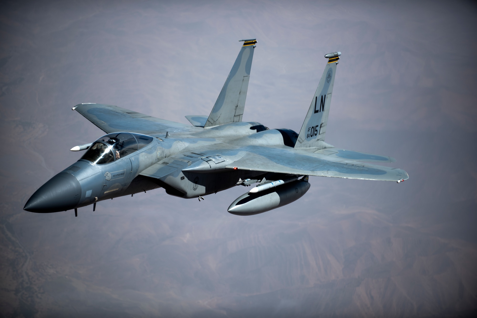 An F-15C Eagles assigned to the 493rd Fighter Squadron flies above Morocco during Exercise African Lion April 20, 2018. Various units from the U.S. Armed Forces will conduct multilateral and stability operations training with units from the Royal Moroccan Armed Forces in the Kingdom of Morocco. This combined multilateral exercise is designed to improve interoperability and mutual understanding of each nation’s tactics, techniques and procedures while demonstrating the strong bond between the nation’s militaries. (U.S. Air Force photo/Senior Airman Malcolm Mayfield)