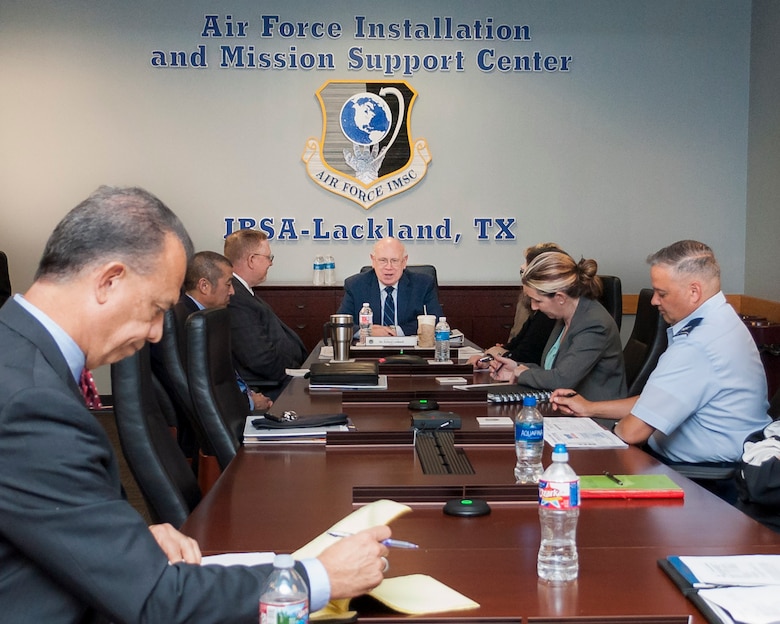 At center, Rich Lombardi, deputy under secretary of the Air Force for management, and deputy chief management officer, office of the under secretary of the Air Force, chairs a category management council meeting at Air Force Installation and Mission Support Center headquarters at Joint Base San Antonio-Lackland, Texas, April 23, 2018. Lombardi is the Air Force's category management account official and is tasked with overseeing the effort as it rolls out across the enterprise. (U.S. Air Force photo by Malcolm McClendon)
