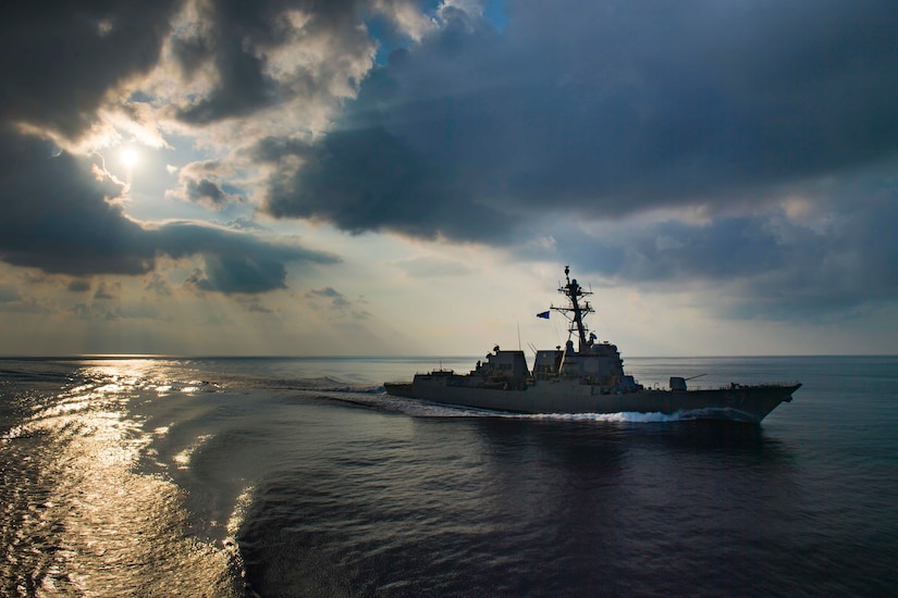 A guided-missile destroyer moves through the Indian Ocean.