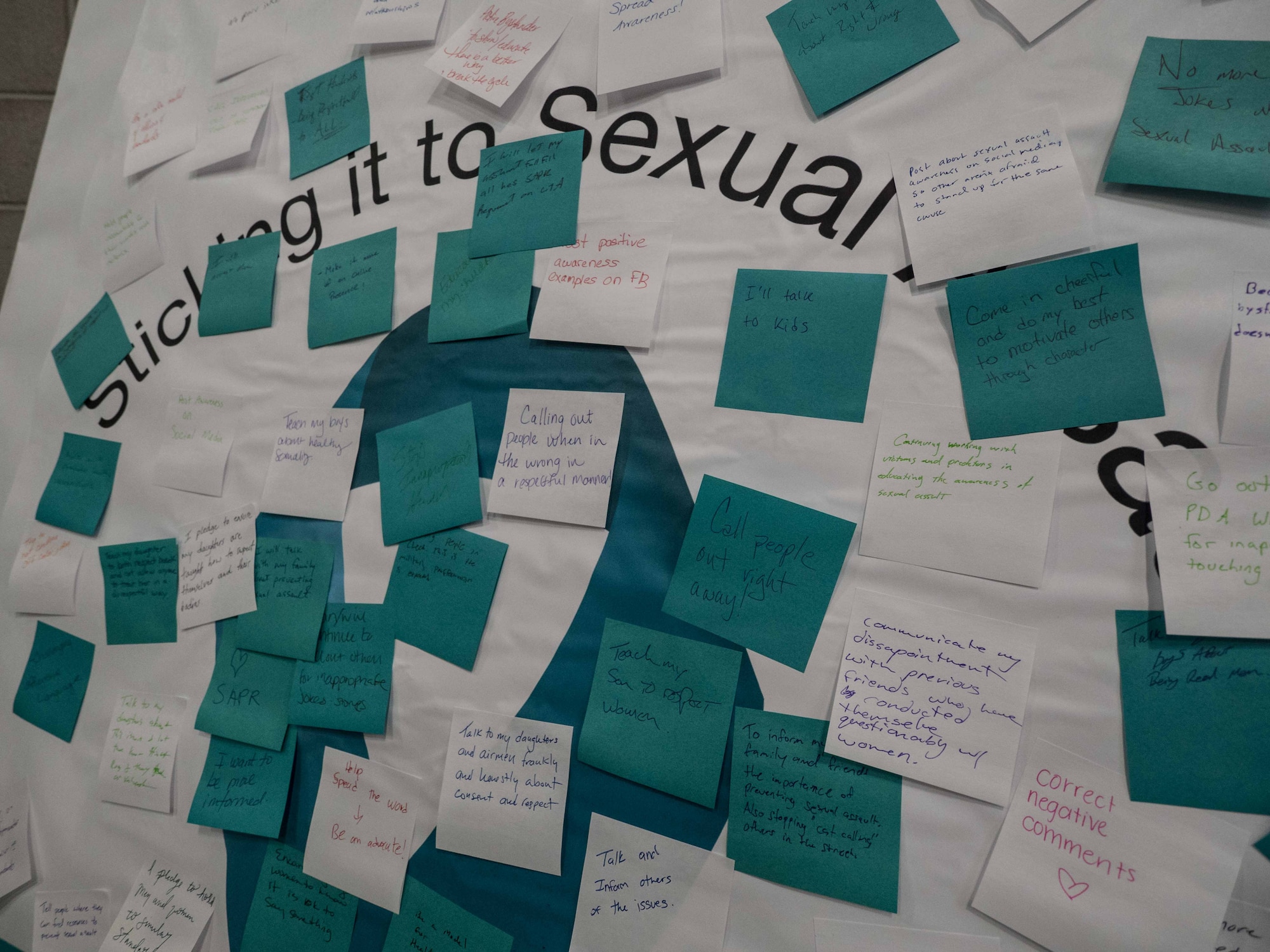 The Sexual Assault Awareness wall was quickly covered with "sticky notes" April 7 where Airmen "stick it to sexual assault" with personal pledges placed on the wall. (Air Force Photo/Paul Zadach)