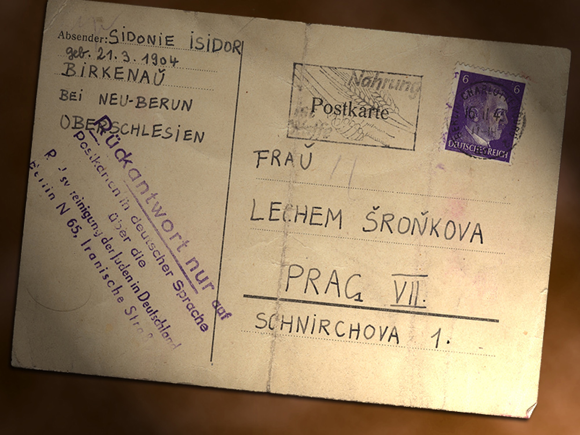 This postcard was sent from Auschwitz-Birkenau from Eva's mother's older sister, Zdena, to her cousin, Olga Sronkova. Olga survived the war, Eva and her mother later lived with her for three years but the rest of the family in the concentration camps, including Zdena, were dead before the postcard was even sent. (Courtesy photo)