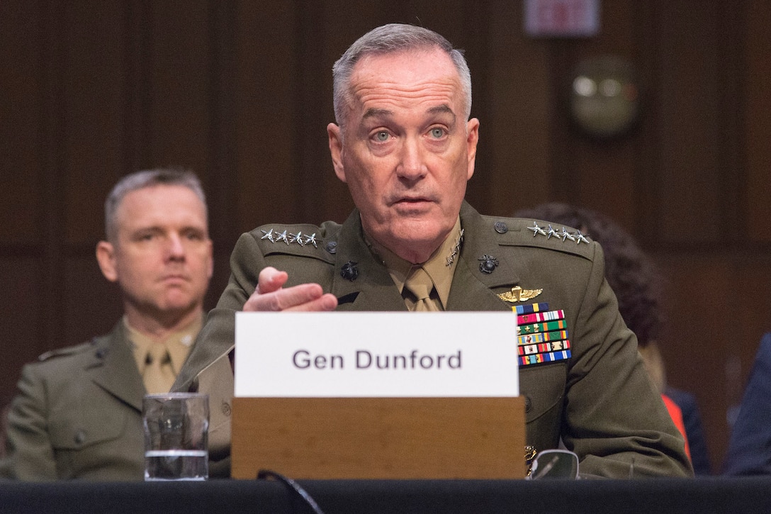 Marine Corps Gen. Joseph F. Dunford, chairman of the Joint Chiefs of Staff, testifies at a hearing.