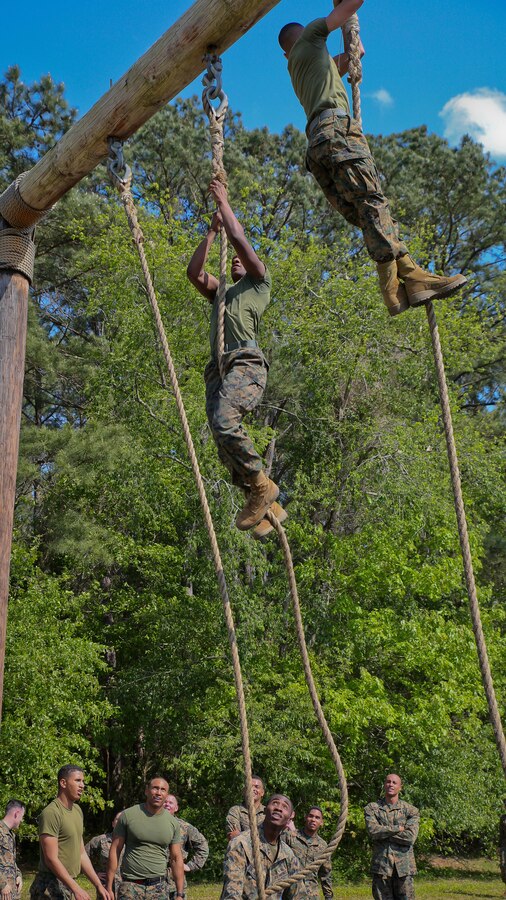Marines compete in an obstacle course race during the Headquarters and Headquarters Squadron physical training aboard Marine Corps Air Station Beaufort April 19. The Swamp Foxes held the PT to build unit cohesion and camaraderie as well as to physically train as a squadron. The PT consisted of a circuit course utilizing the obstacle course. After the circuit course, four Marines volunteered to compete in an obstacle course race.