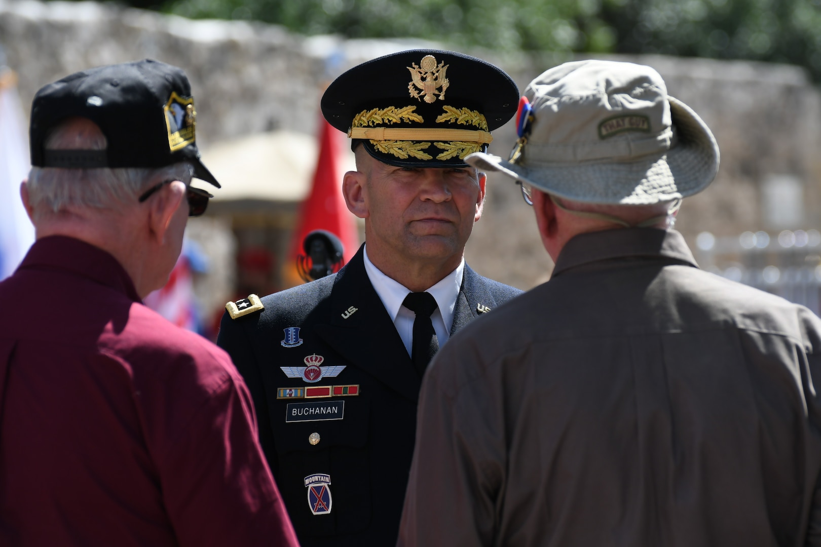 Lt. Gen. Jeffrey S. Buchanan (center), commander, U.S. Army North (Fifth Army), talks to veterans before he delivers his speech at Army Day at the Alamo April 24. Army Day at the Alamo is one of the celebrations of Fiesta 2018, a 10-day event honoring those who fought and won the battles of the Alamo and San Jacinto.