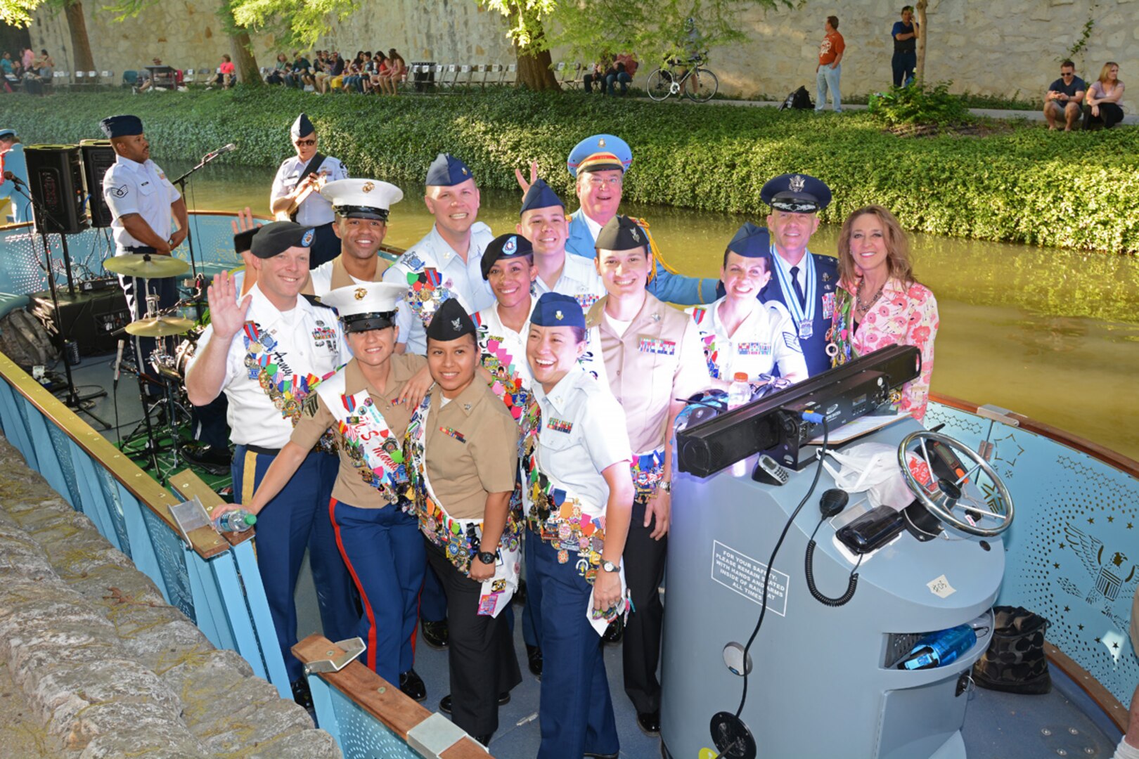 Military representatives from throughout San Antonio took part in the Texas Cavalier River Parade. The parade is one of the key events during Fiesta San Antonio and dates back to 1941. It runs along the River Walk in downtown San Antonio.