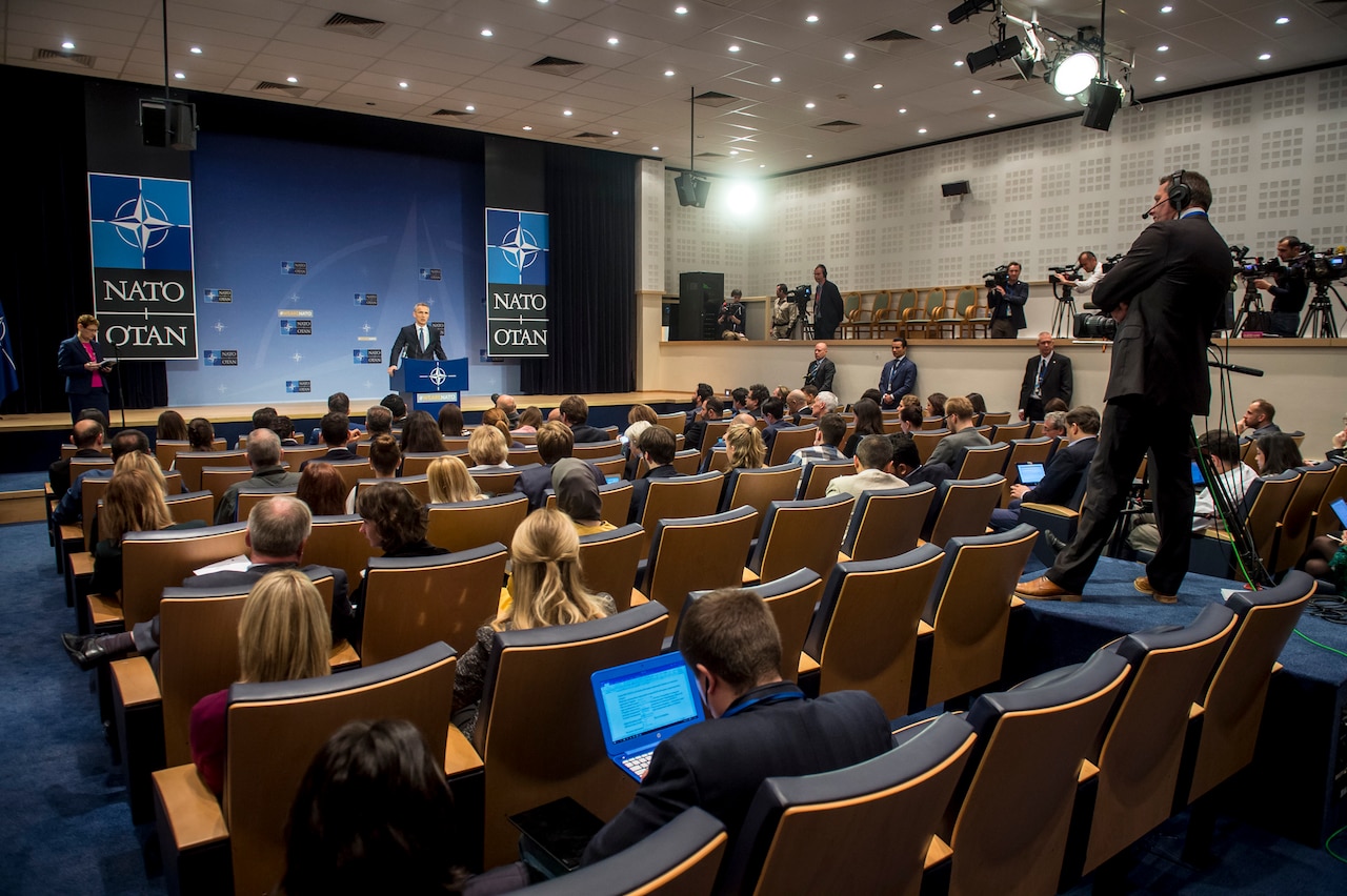 NATO Defense Secretary Jens Stoltenberg holds a news conference at the alliance’s headquarters in Brussels.