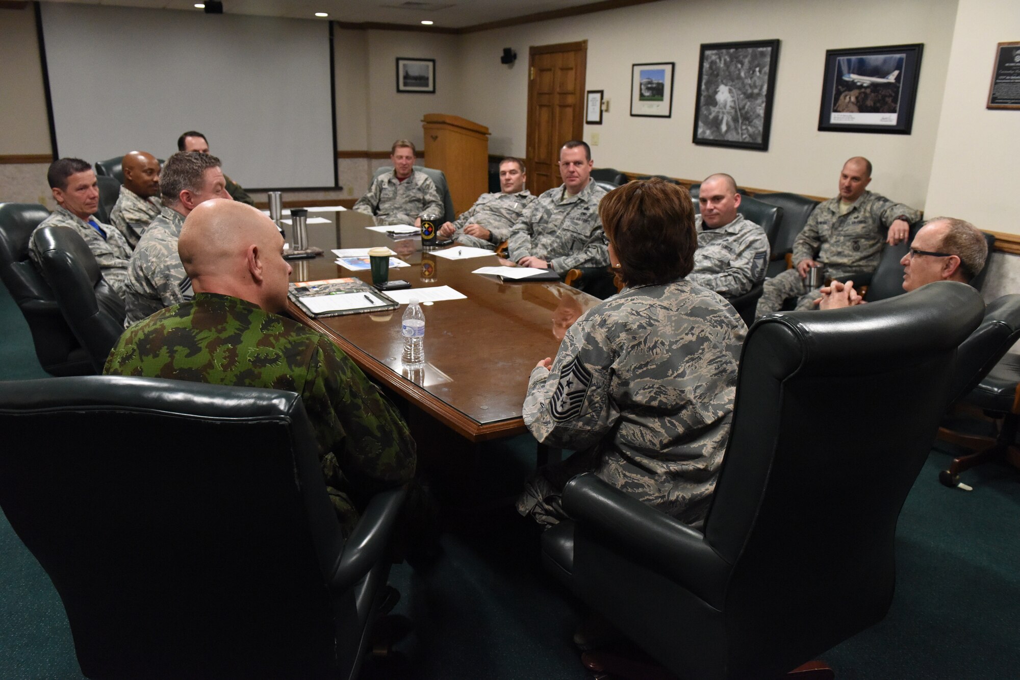 Pennsylvania Command Chief Master Sergeant Regina Stoltzfus and Lithuanian Command Sergeant Major Nerijus Petravičius, as part of the State Partnership Program, visited the 171st Air Refueling Wing in Coraopolis, Pa. April 8, 2018. The pair took time to visit with Airmen, answer questions, give feedback and tour the facilities. (U.S. Air National Guard Photo by Senior Airman Kyle Brooks)