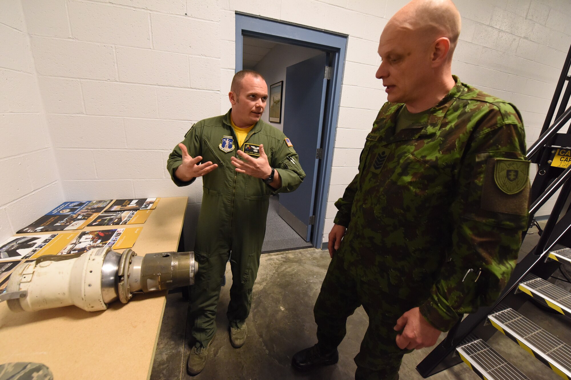 Pennsylvania Command Chief Master Sergeant Regina Stoltzfus and Lithuanian Command Sergeant Major Nerijus Petravičius, as part of the State Partnership Program, visited the 171st Air Refueling Wing in Coraopolis, Pa. April 8, 2018. The pair took time to visit with Airmen, answer questions, give feedback and tour the facilities. (U.S. Air National Guard Photo by Senior Airman Kyle Brooks)