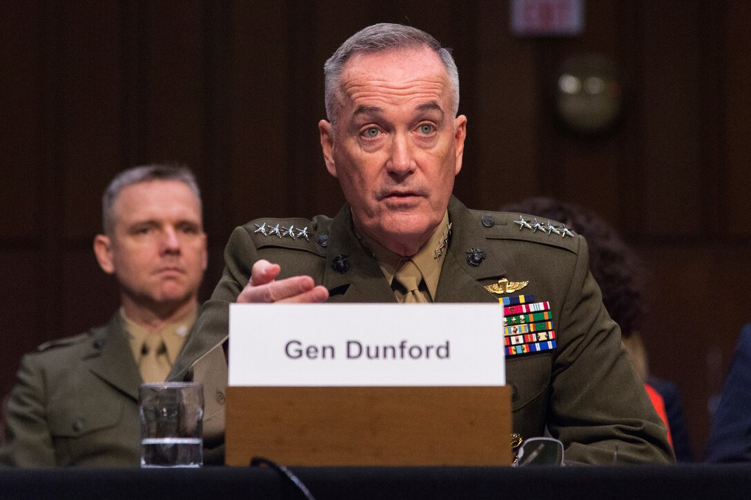 Marine Corps Gen. Joseph F. Dunford, chairman of the Joint Chiefs of Staff, testifiesat a hearing.