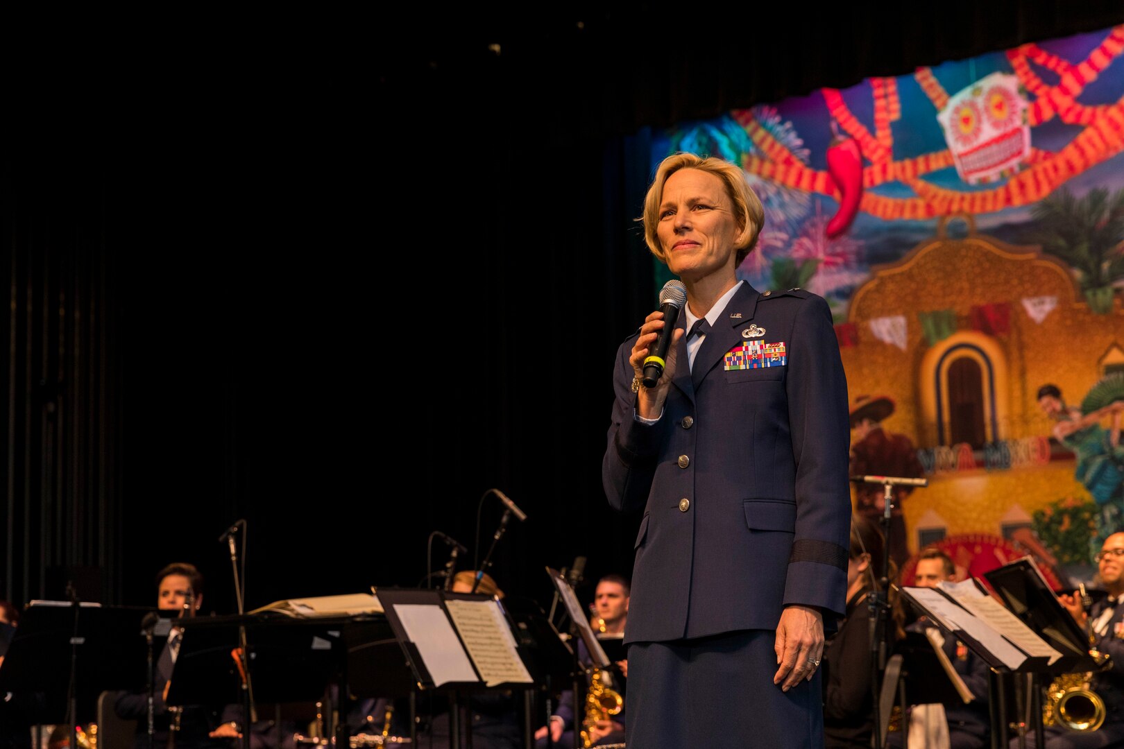 Brig. Gen. Heather L. Pringle, 502nd Air Base Wing and Joint Base San Antonio commander, addresses the crowd prior the Band of the West performance in San Antonio,Texas April 24, 2018. The act was dedicated to the 300th Anniversary of San Antonio and honors the city's military heritage. Since 1891, Fiesta has grown into an annual celebration that includes civic and military observances, exhibits, sports, music and food representing the spirit, diversity and vitality of San Antonio. (U.S. Air Force photo by Ismael Ortega / Released)