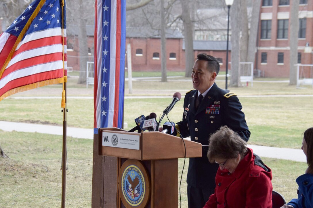 U.S. Army Corps of Engineers, Great Lakes and Ohio River Division Commander, Brig. Gen. Mark Toy speaks at the Canandaigua VA Medical Center groundbreaking ceremony for Phase I of a facility construction project Apr. 10, 2018. Phase I work includes demolition of Building #2, construction of a Chiller/Emergency Generator Plant and Outpatient Clinic, and renovates Building #1. (Photo by Andrew Kornacki, USACE Buffalo District)