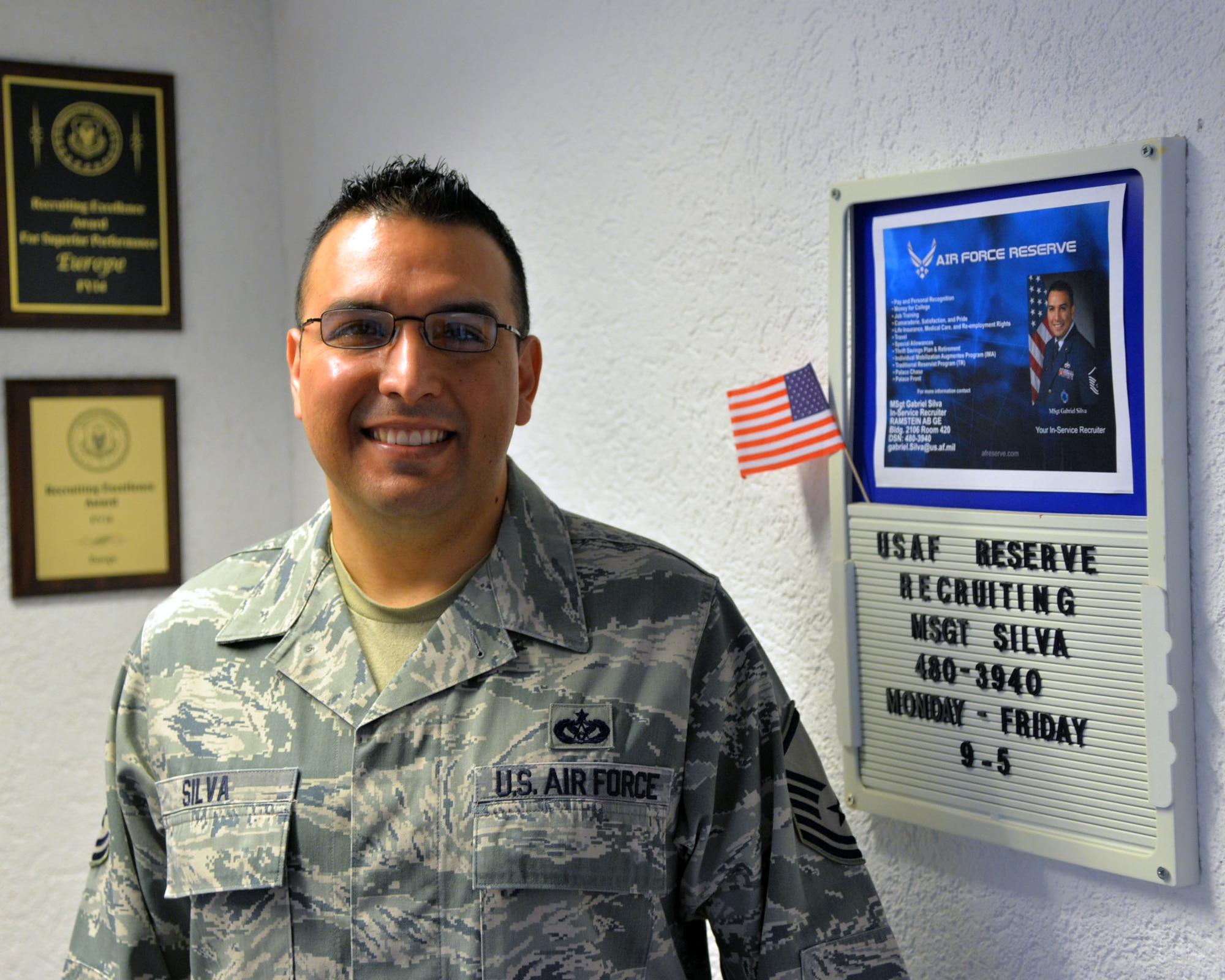 Master Sgt. Gabriel Silva, Air Force Reserve recruiter, can assist Active-Duty Airmen with transferring into the Air Force Reserve. The Palace Chase and Palace Front programs are frequently misunderstood, but the Reserve recruiting team on Ramstein Air Base can assist. (U.S. Air Force photo by Staff Sgt. Tory Patterson)