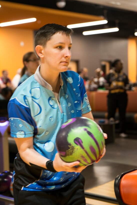 Petty Officer 2nd Class Stephanie Parsolano of Naval Station Norfolk, Va., wins silver in the 2018 Armed Forces Bowling Championship at Ten Strike Bowling Center at Fort Lee, Va. from 13-17 April. The annual tournament features doubles, mixed doubles, individuals and team challenges. (U.S. Navy Photo by Mass Communications Specialist 2nd Class Orlando Quintero/Released)