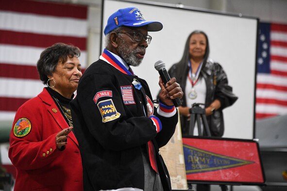 Tuskegee Airman Theodore Lumpkins speaks during a visit to Hill Air Force Base, Utah, April 20, 2018. Lumpkin served as an intelligence officer assigned to the 332 Fighter Squadron during World War II. (U.S. Air Force photo by R. Nial Bradshaw)