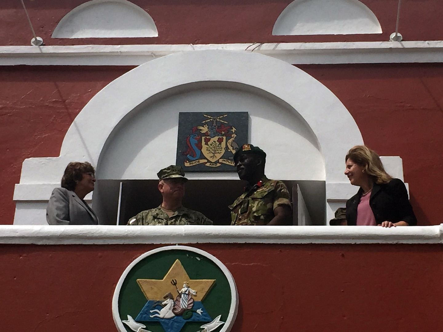 Adm. Kurt W. Tidd talks with Chief of Staff Barbados Defence Force COL Glyne Grannum in Barbados.