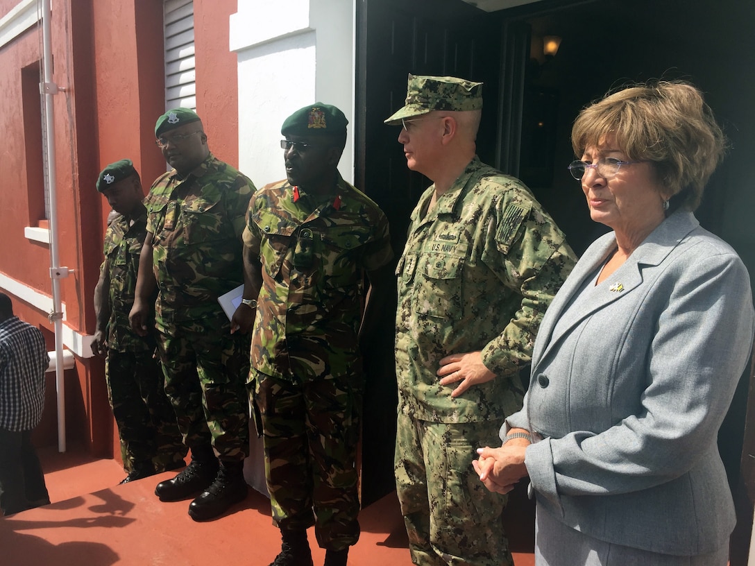 Adm. Kurt W. Tidd talks with Chief of Staff Barbados Defence Force Col. Glyne Grannum