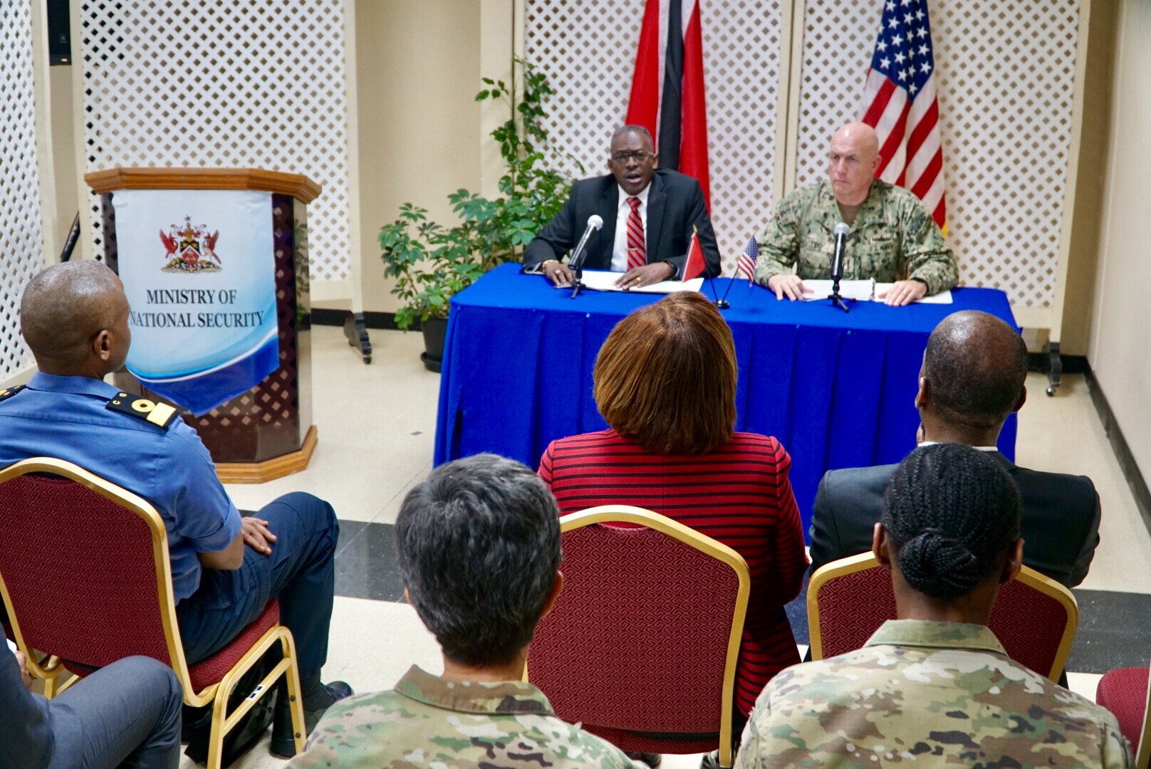Adm. Kurt W. Tidd and Minister of National Security Edmund Dillon conduct a news conference