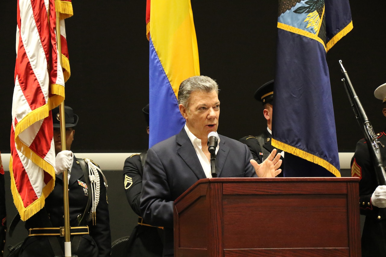 Colombian President Juan Manuel Santos addresses members of U.S. Southern Command during a visit to the organization’s headquarters in Miami.