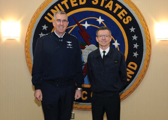 U.S. Air Force Gen. John Hyten, commander of U.S. Strategic Command (USSTRATCOM), welcomes French Air Force Lt. Gen. Bernard Schuler, commander of French Strategic Air Command, to USSTRATCOM headquarters at Offutt Air Force Base, Neb., April 23, 2018. During his visit, Schuler toured the command’s Global Operations Center and participated in discussions with Hyten, other senior leaders and subject matter experts on the continuing cooperation between the U.S. and France.