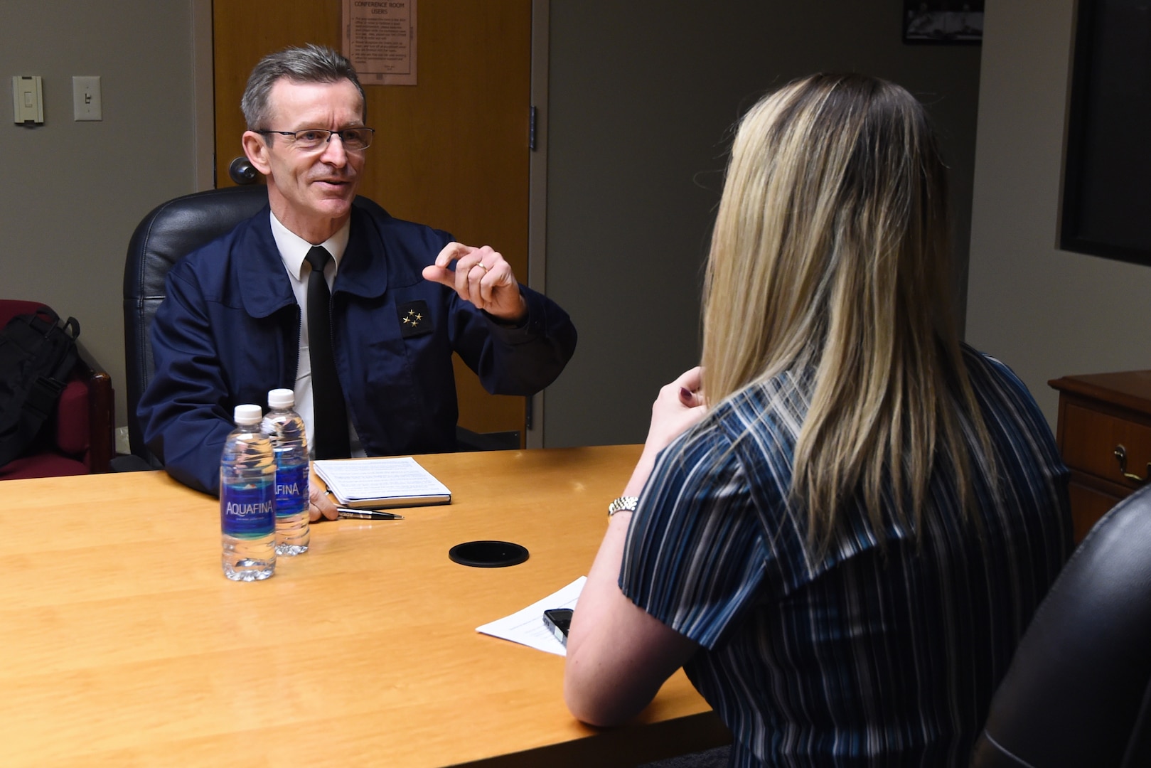 French Air Force Lt. Gen. Bernard Schuler, commander of French Strategic Air Command, participates in an interview during his visit to U.S. Strategic Command (USSTRATCOM) headquarters at Offutt Air Force Base, Neb., April 23, 2018. While here, Schuler discussed collaboration and the continuing need for strategic deterrence with U.S. Air Force Gen. John Hyten, commander of USSTRATCOM, other senior leaders and subject matter experts.