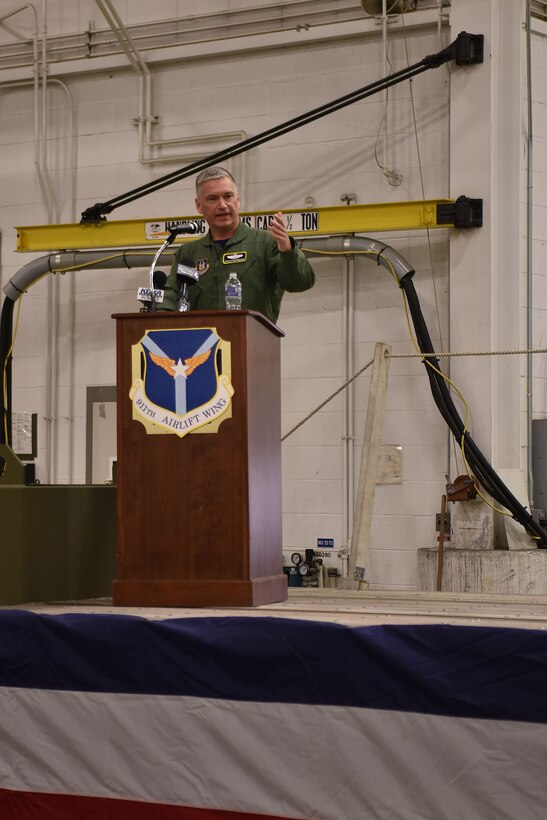 Col. Douglas N. Strawbridge, 911th Airlift Wing commander, gives a speech during an assumption of command ceremony at the Pittsburgh International Airport Air Reserve Station, April 6, 2018. Strawbridge, formerly the 911th AW vice commander, will lead the wing through a period of change as it converts its mission capabilities from the C-130 Hercules aircraft to the C-17 Globemaster III. (U.S. Air Force photo by Staff Sgt. Marjorie A. Bowlden).