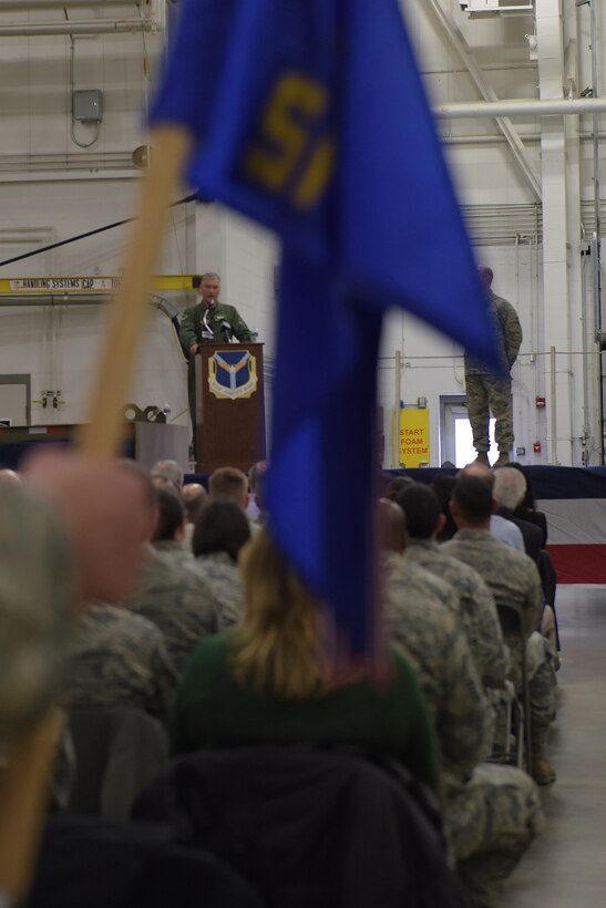 Col. Douglas N. Strawbridge, 911th Airlift Wing commander, gives a speech during an assumption of command ceremony at the Pittsburgh International Airport Air Reserve Station, April 6, 2018. Strawbridge will lead the wing through a period of change as it converts its mission capabilities from the C-130 Hercules aircraft to the C-17 Globemaster III. (U.S. Air Force photo by Airman 1st Class Grace Thomson)