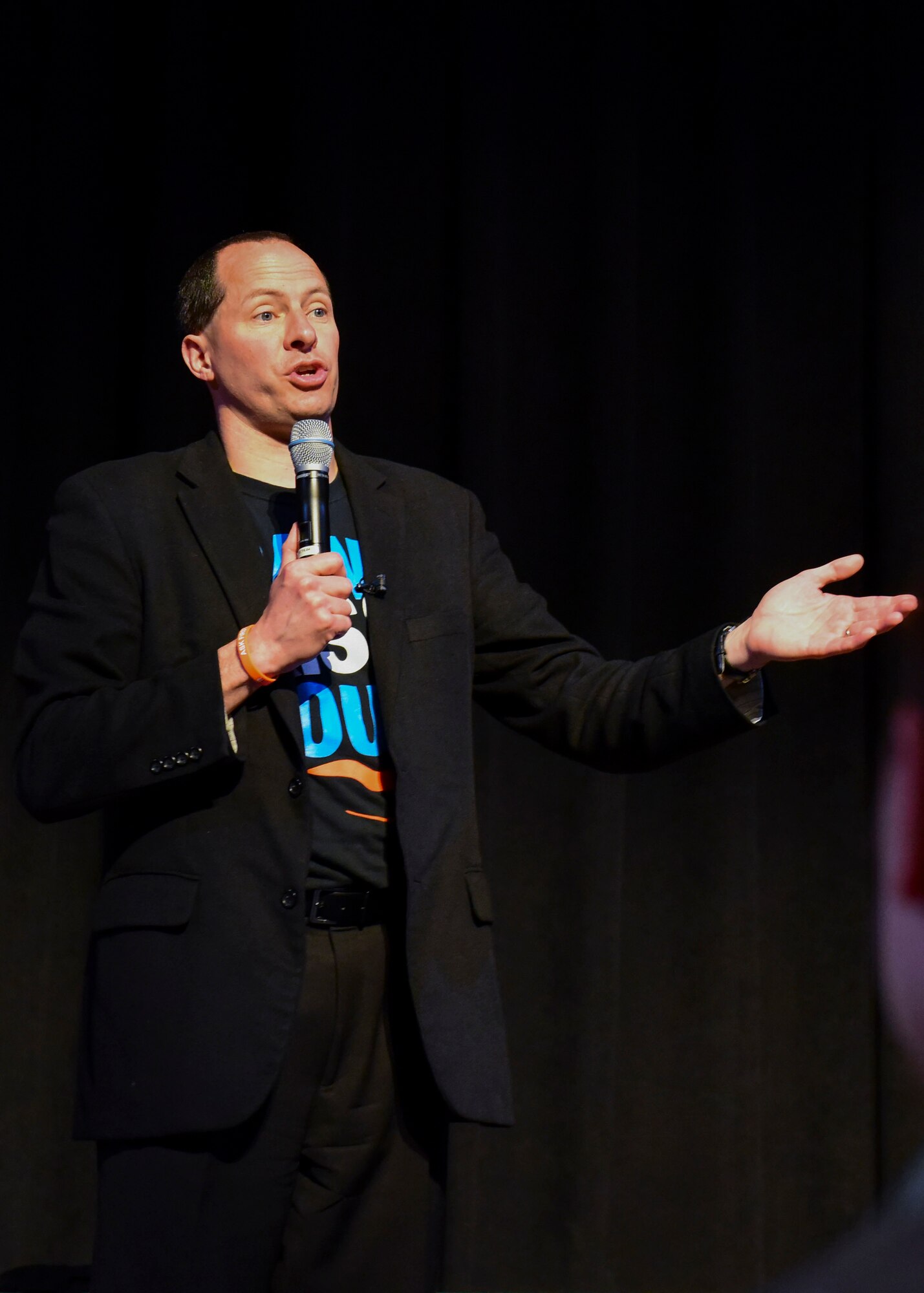 Mike Domitrz, Date Safe Project founder, gives a Sexual Harassment/Assault Response and Prevention presentation in Fort Eustis’ Jacobs Conference Center at Joint Base Langley-Eustis, Virginia, April 25, 2018. The Date Safe Project is a national organization advocating for the importance of healthy dating environments and a clearer understanding of consent. (U.S. Air Force photo by Airman 1st Class Monica Roybal)