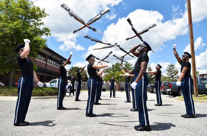 The U.S. Air Force Honor Guard team practices before their performance at the 2018 Air and Space Expo rehearsal at Joint Base Charleston, S.C., April 27, 2018.