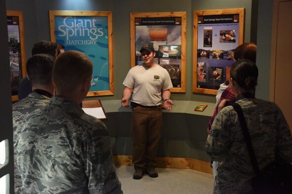 Matt Wipf, Montana Fish, Wildlife and Parks fish culture specialist, talks to the Big Sky Post Society of American Military Engineers at their monthly meeting during a tour of the Giant Spring fish hatchery April 26, 2018, at Giant Springs State Park, Mont. Many of Malmstrom’s military members participate in Big Sky Post events that provide opportunities to learn about the infrastructure and operations of other organizations. (U.S. Air Force photo by Kiersten McCutchan)
