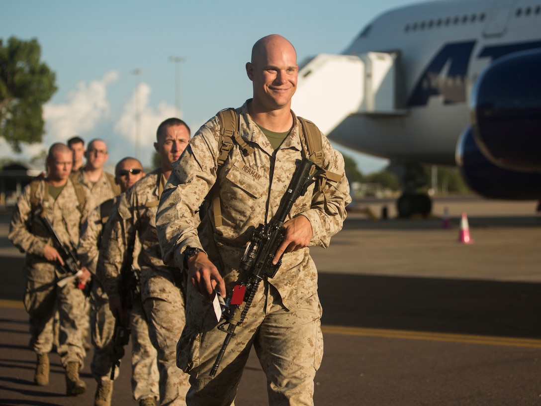 U.S. Marines and Sailors with Marine Rotational Force – Darwin 2018 arrive at the Royal Australian Air Force Base Darwin, Australia.