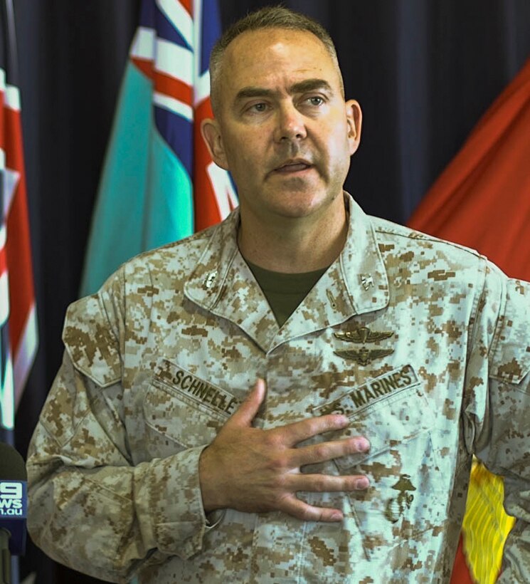 U.S. Marine Corps Col. James Schnelle, commanding officer of Marine Rotational Force-Darwin and Deputy Commander Northern Command CAPT Bryan Parker, Royal Australian Navy hold a press conference at Larrakeyah Defence Precinct, Darwin, Northern Territory, Australia, April 23,