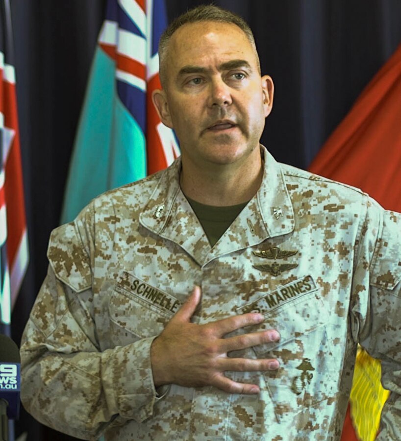 U.S. Marine Corps Col. James Schnelle, commanding officer of Marine Rotational Force-Darwin holds a press conference at Larrakeyah Defence Precinct, Darwin, Northern Territory, Australia, April 23, 2018. MRF-D was established by former U.S. President Barack Obama and former Australian Prime Minister Julia Gillard in 2011 to build and strengthen partnerships in the Pacific region. Approximately 1,500 Marines are scheduled to participate in training events around the country. (U.S. Marine Corps photo by Cpl. Andrew Piehler)