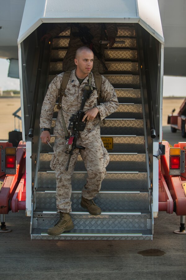 U.S. Marines and Sailors with Marine Rotational Force – Darwin 2018 arrive at the Royal Australian Air Force Base Darwin, Australia, April 12. MRF-D was established by former U.S. President Barack Obama and former Australian Prime Minister Julia Gillard in 2011 to build and strengthen partnerships in the Pacific region. Approximately 1,500 Marines are scheduled to participate in training events around the country. (U.S. Marine Corps photo by Lance Cpl. Mason Roy)