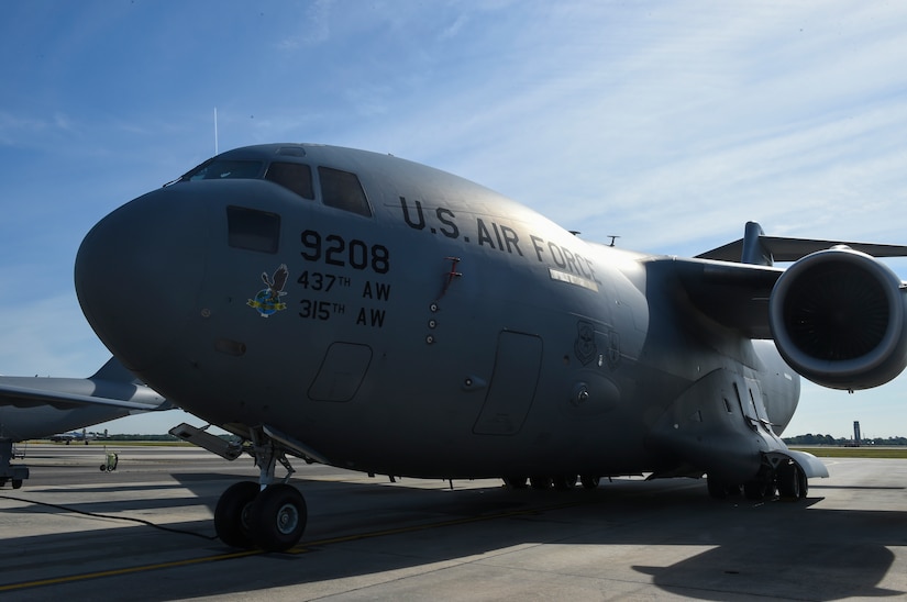 A Team Charleston C-17 Globemaster III sits with a new nose art decal here at Joint Base Charleston, S.C., April 26, 2018. A Nose Art Unveiling Ceremony was held April 27 for two of Charleston's C-17s in conjunction with the JB Charleston Air and Space Expo Family Day