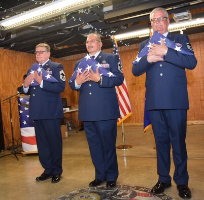 Chief Master Sgt. Roderick W. Lovil, 433rd Maintenance Squadron, Senior Master Sgt. David L. Salazar, 433rd Maintenance Group  and  Master Sgt. Steve J. Kakacek, 433rd Aircraft Maintenance Squadron, retired in a joint ceremony April 15, 2018 at the Veteran's of Foreign Wars Post 76 in San Antonio, Texas. The trios careers spanned a combined 110 years of service in the United States Air Force. (U.S. Air Force photo by Tech. Sgt. Carlos J. Trevino)
