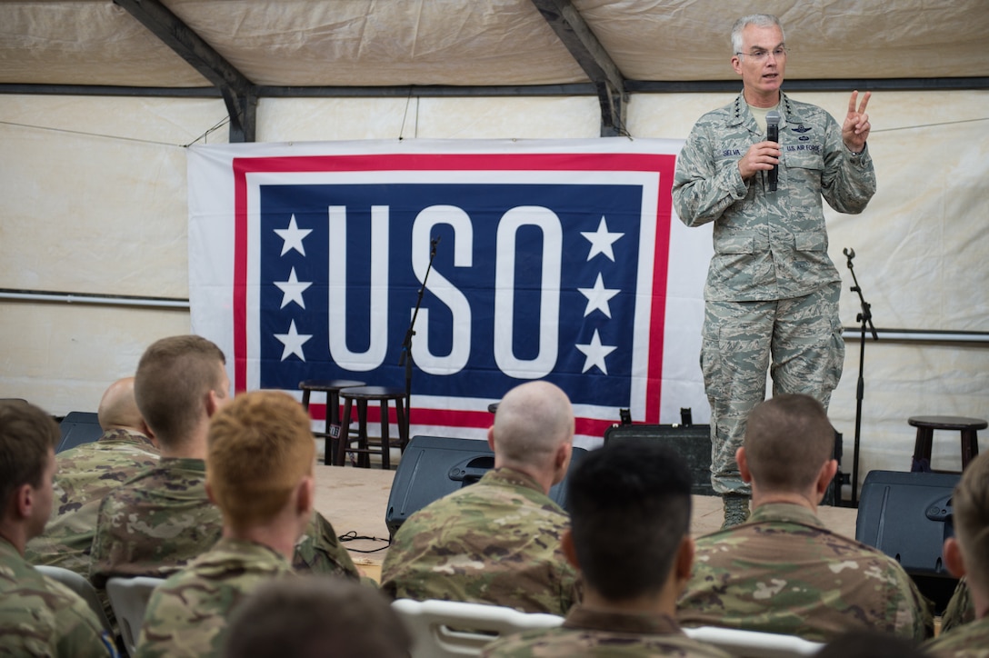 Air Force Gen. Paul J. Selva, vice chairman of the Joint Chiefs of Staff speaks while standing on stage.
