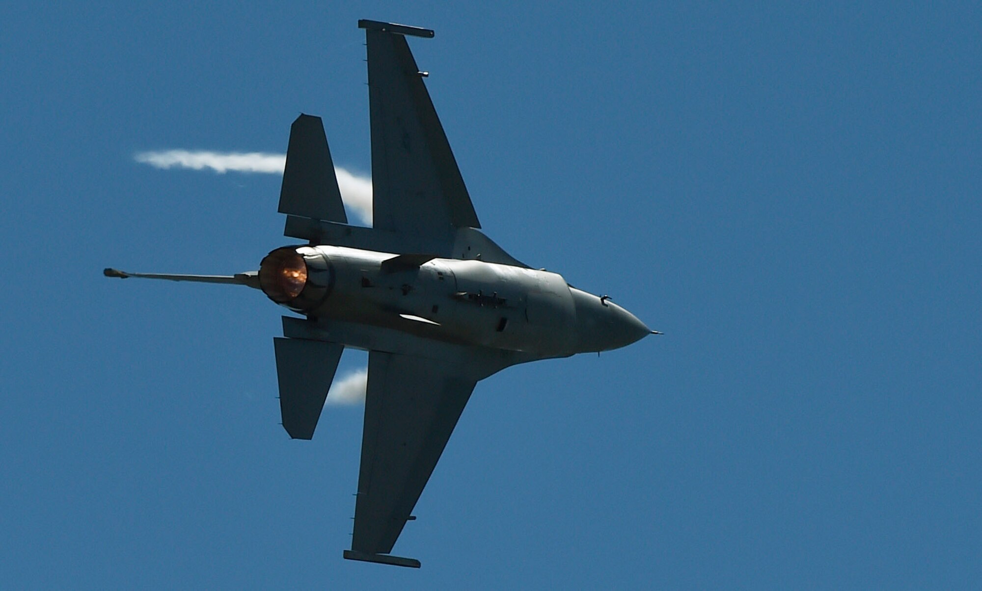 An F-16 Fighting Falcon flies overhead during the 2018 Air and Space Expo April 28, 2018, at Joint Base Charleston, S.C.