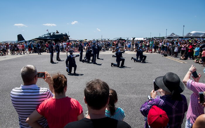 The U.S. Air Force Honor Guard Drill Team performs a drill demonstration during the Charleston Air & Space Expo April 28, 2018, at Joint Base Charleston, S.C.