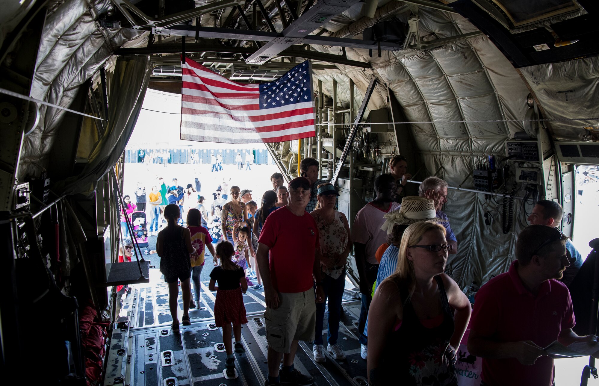 Attendees of the 2018 Joint Base Charleston Air and Space Expo attendees tour a U.S. Air Force C-130J April 28, 2018, at Joint Base Charleston, S.C.