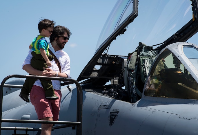 2018 Joint Base Charleston Air and Space Expo attendees look at a U.S. Air Force A-10 Warthog April 28, 2018, at Joint Base Charleston, S.C.
