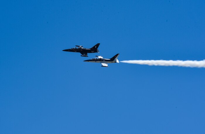 Two L-39 Jets fly in tandem during a mock dogfight performance at the Air & Space Expo, Joint Base Charleston, S.C., April 28, 2018.