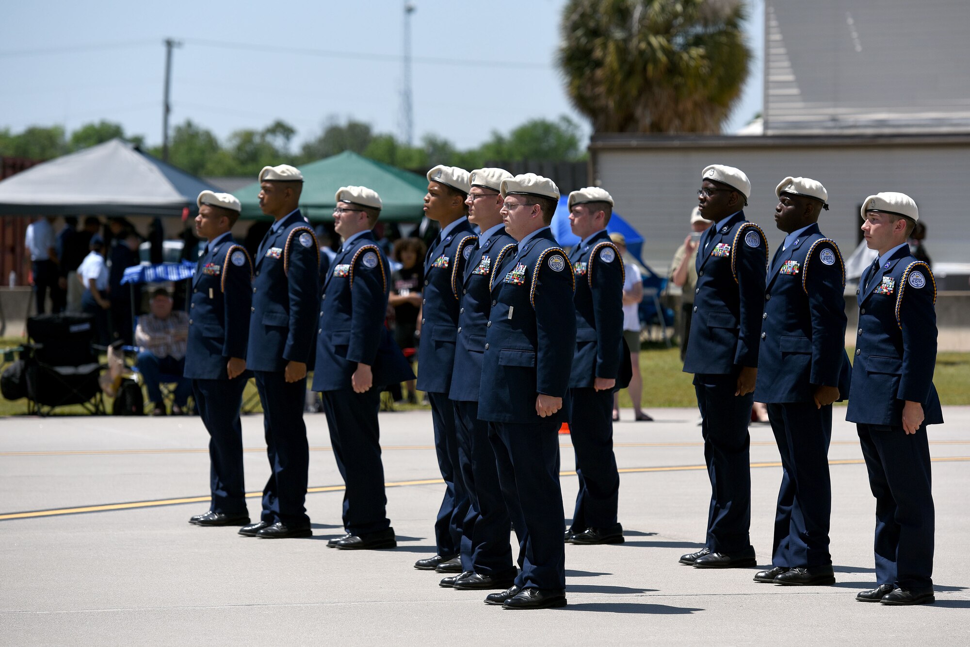 Sumter High School junior ROTC cadets practice their Fancy Platoon Unarmed drill and ceremony event during the annual Top Gun Drill Meet at McEntire Joint National Guard Base, S.C., April 28, 2018. High School junior ROTC cadets from across the state competed in drill and ceremony events sponsored by the South Carolina Air National Guard.