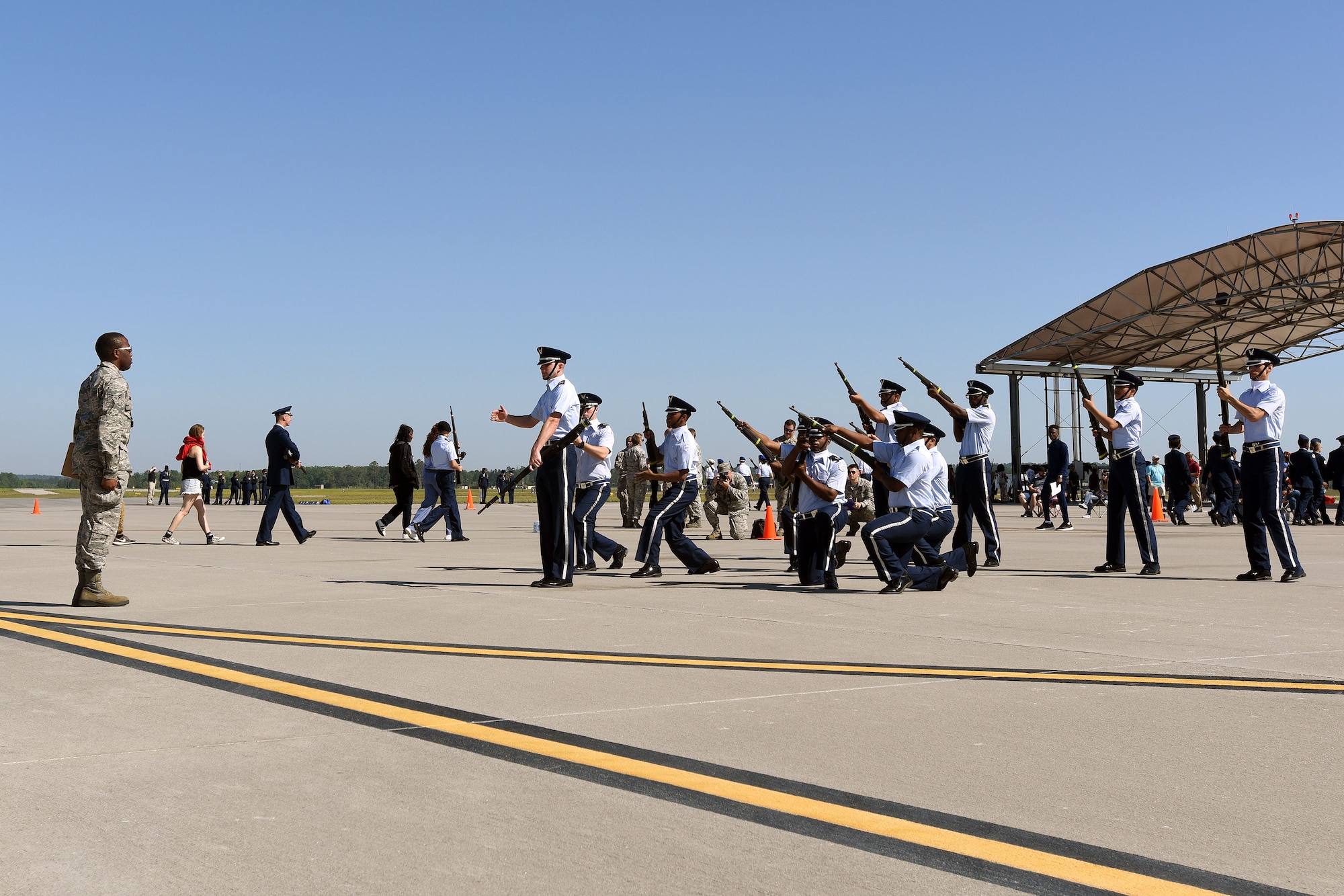 Spring Valley High School junior ROTC cadets practice their Fancy Platoon Armed drill and ceremony event during the annual Top Gun Drill Meet at McEntire Joint National Guard Base, S.C., April 28, 2018. High School junior ROTC cadets from across the state competed in drill and ceremony events sponsored by the South Carolina Air National Guard.